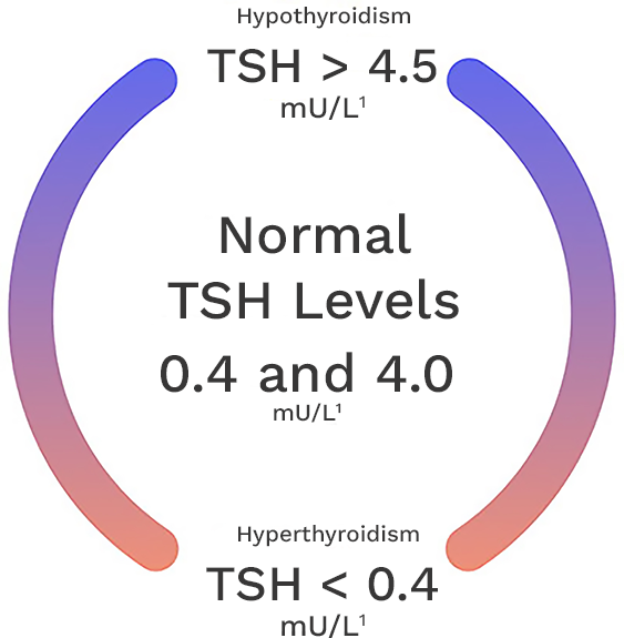 TSH levels <0.4 mU/L indicate hyperthyroidism and >4.5 mU/L indicate hypothyroidism. Normal levels are between 0.4 and 4.0.